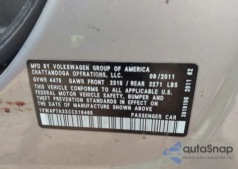 2012 Volkswagen Passat 2.5L S from USA, damaged, VIN 1VWAP7A3XCC016465